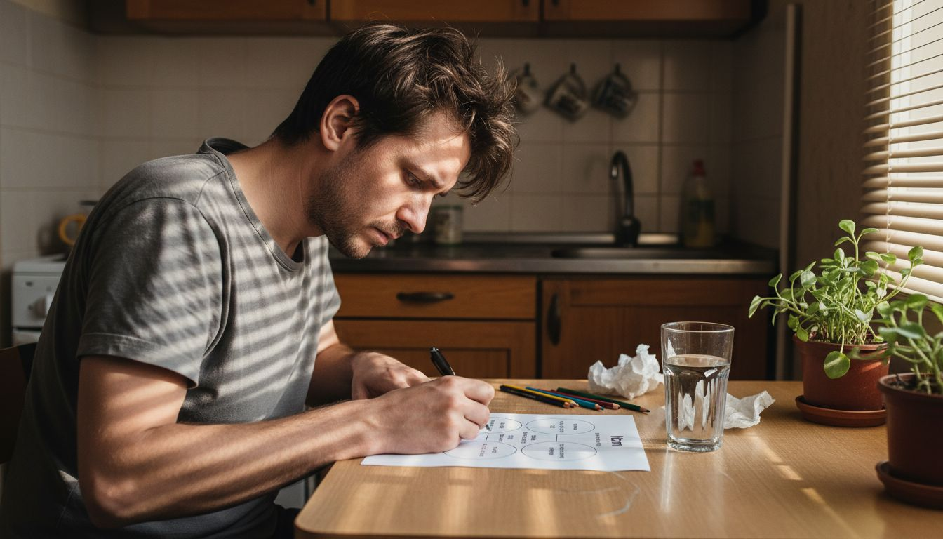 Мужчина сидит за кухонным столом и заполняет рабочий лист по икгай, размышляя над своим предназначением.