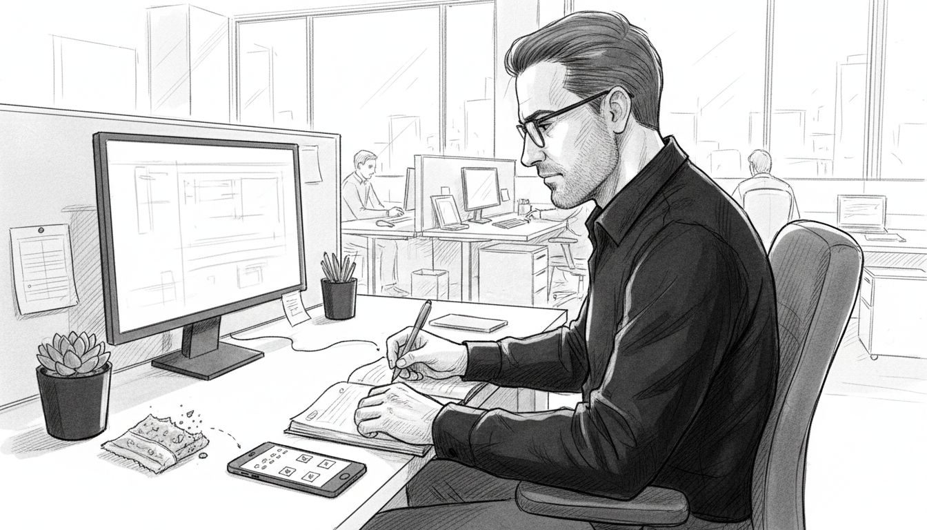 Worker reflecting at open-plan office desk