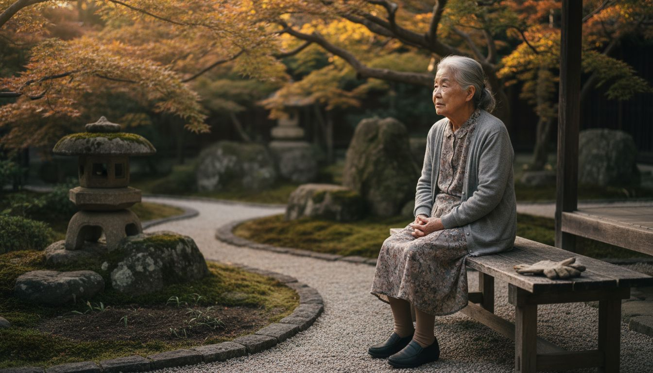 Пожилая японка задумчиво сидит в дзен-саду, погружённая в свои мысли.