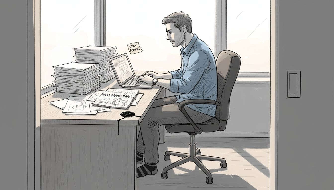 Man working with purpose in cluttered office