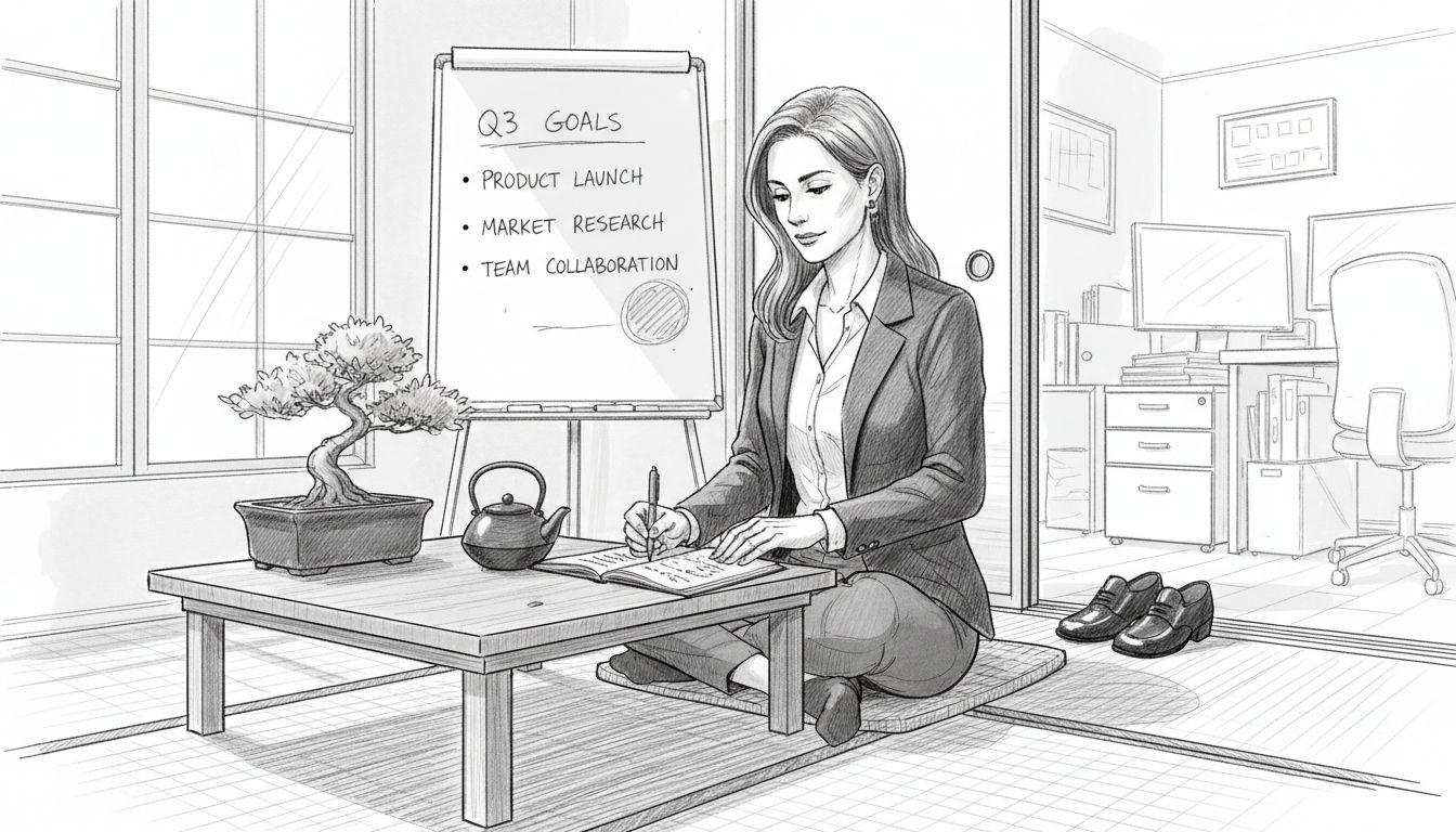 Businesswoman journaling in Japanese-inspired workspace