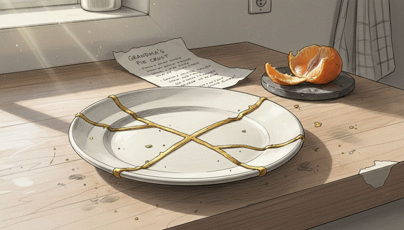 Closeup gold-repaired ceramic plate on counter