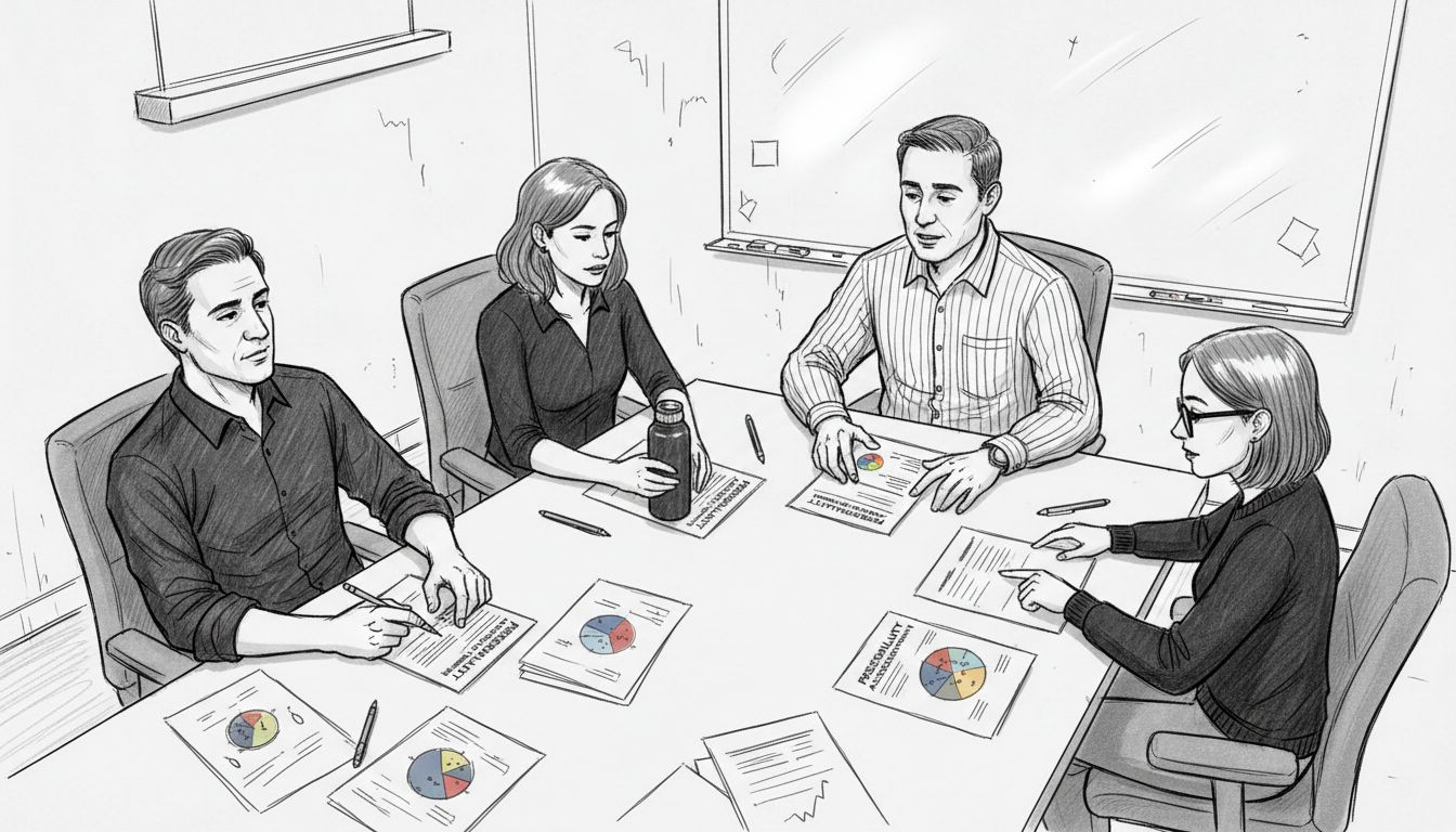 Coworkers reviewing workplace personality assessment results