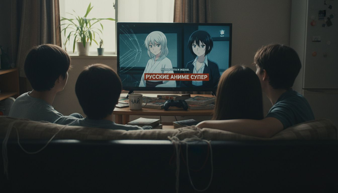 Любители аниме устроились поудобнее дома и смотрят свои любимые сериалы по телевизору.