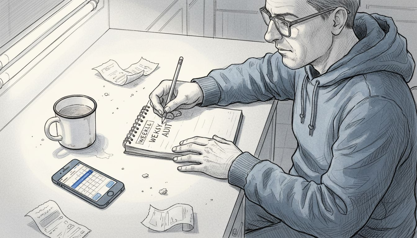 Man auditing habits in notebook at kitchen