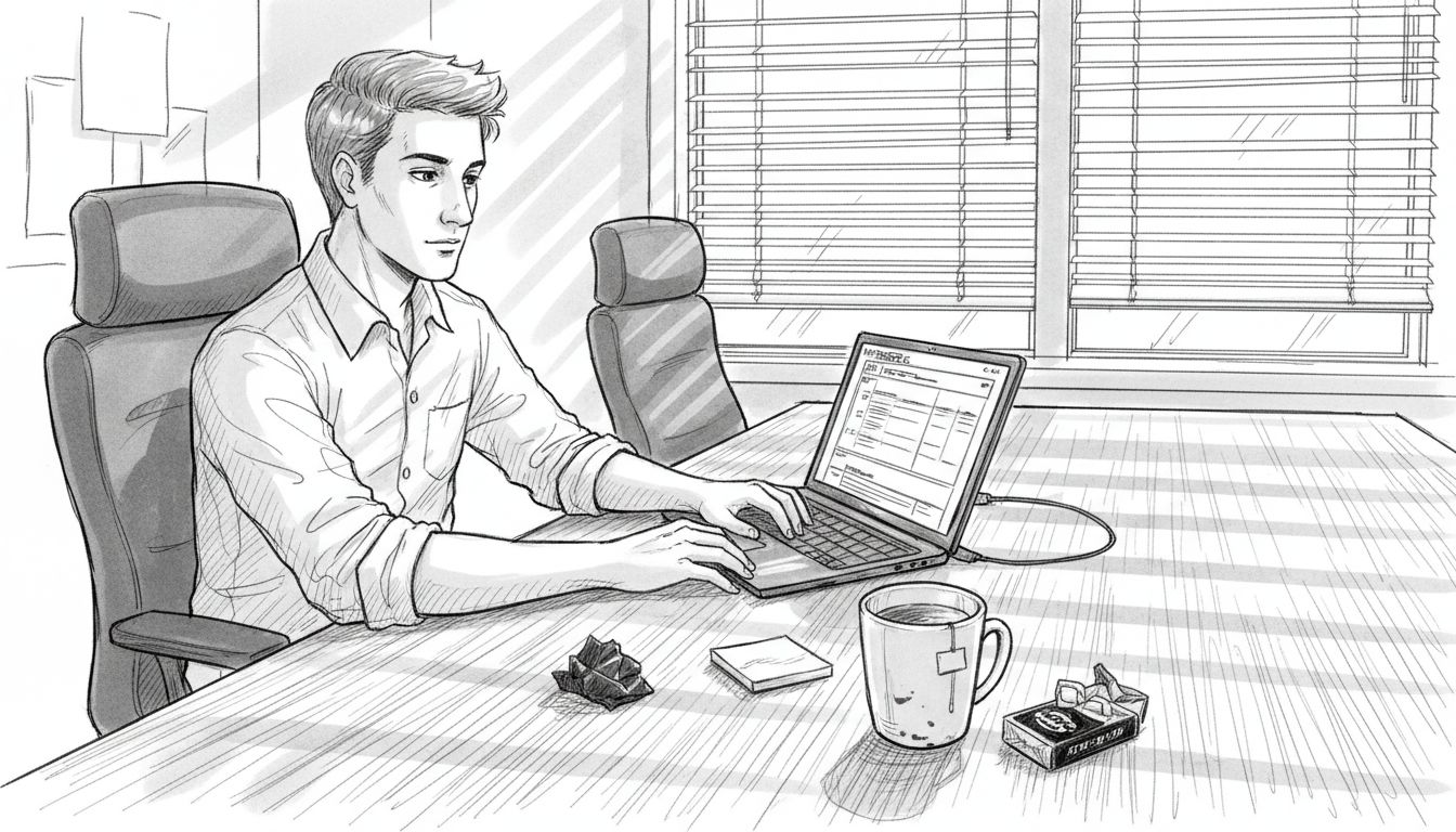 Young man reflecting at cluttered office table