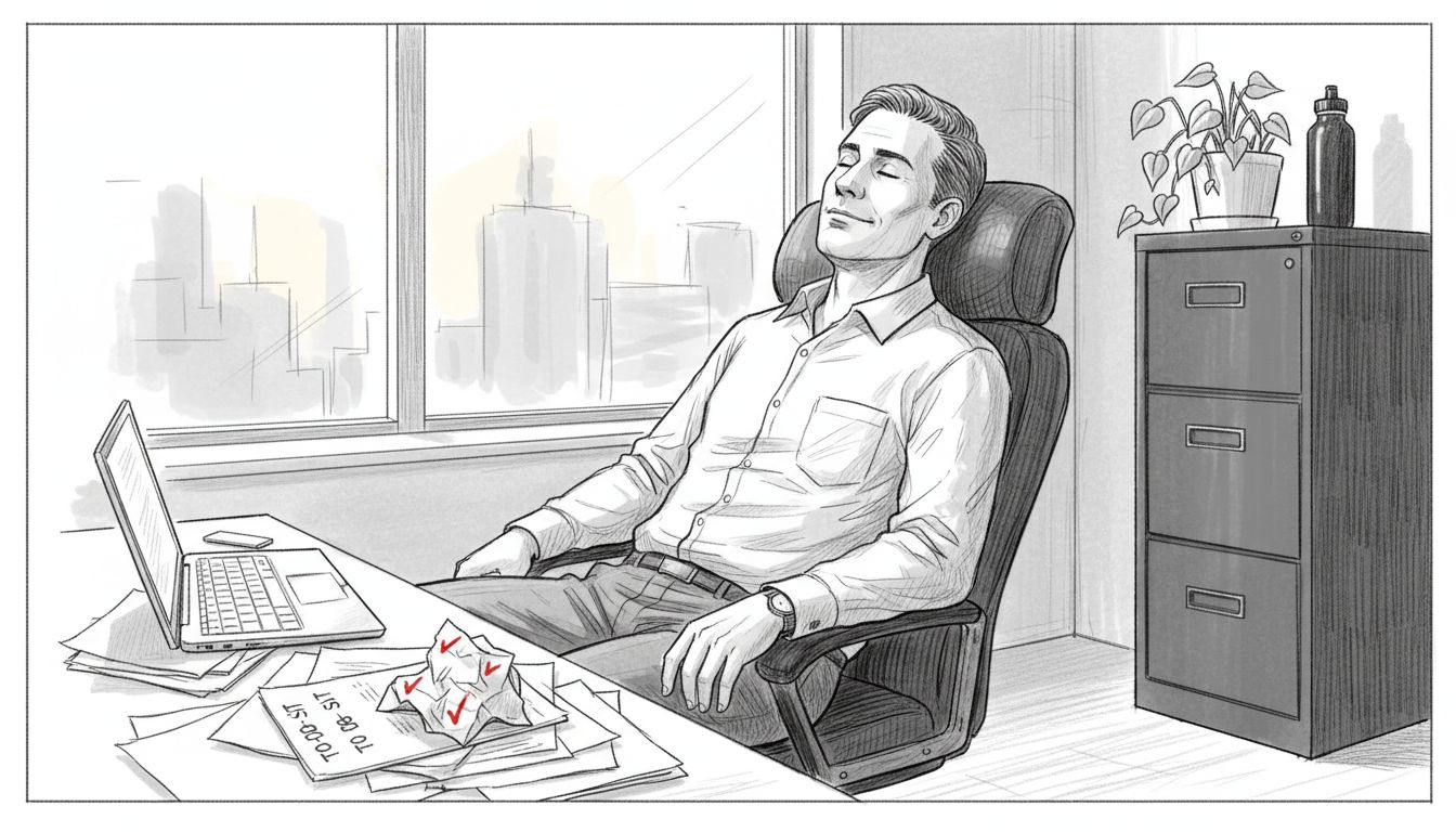 Man reflecting in busy office workspace