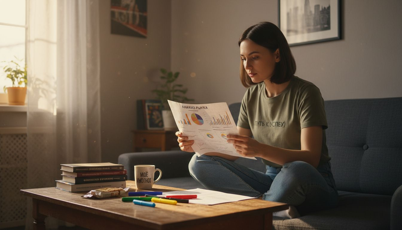 Женщина внимательно изучает график, сидя за рабочим столом у себя дома.