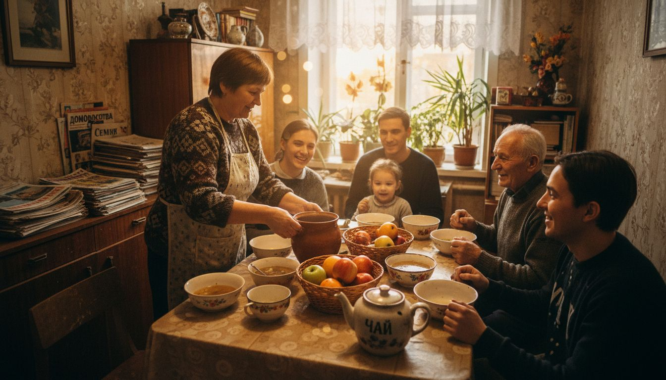 Вся семья собирается за большим столом на ужин, делится новостями и проводит время вместе в уютной домашней атмосфере.