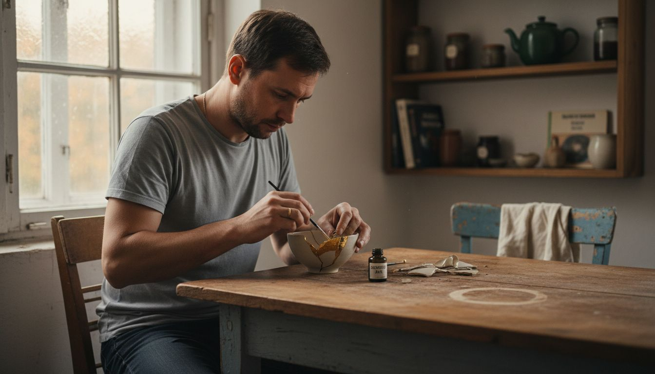 Мужчина реставрирует посуду, вдохновляясь философией ваби-саби, придавая трещинам и сколам особую красоту.