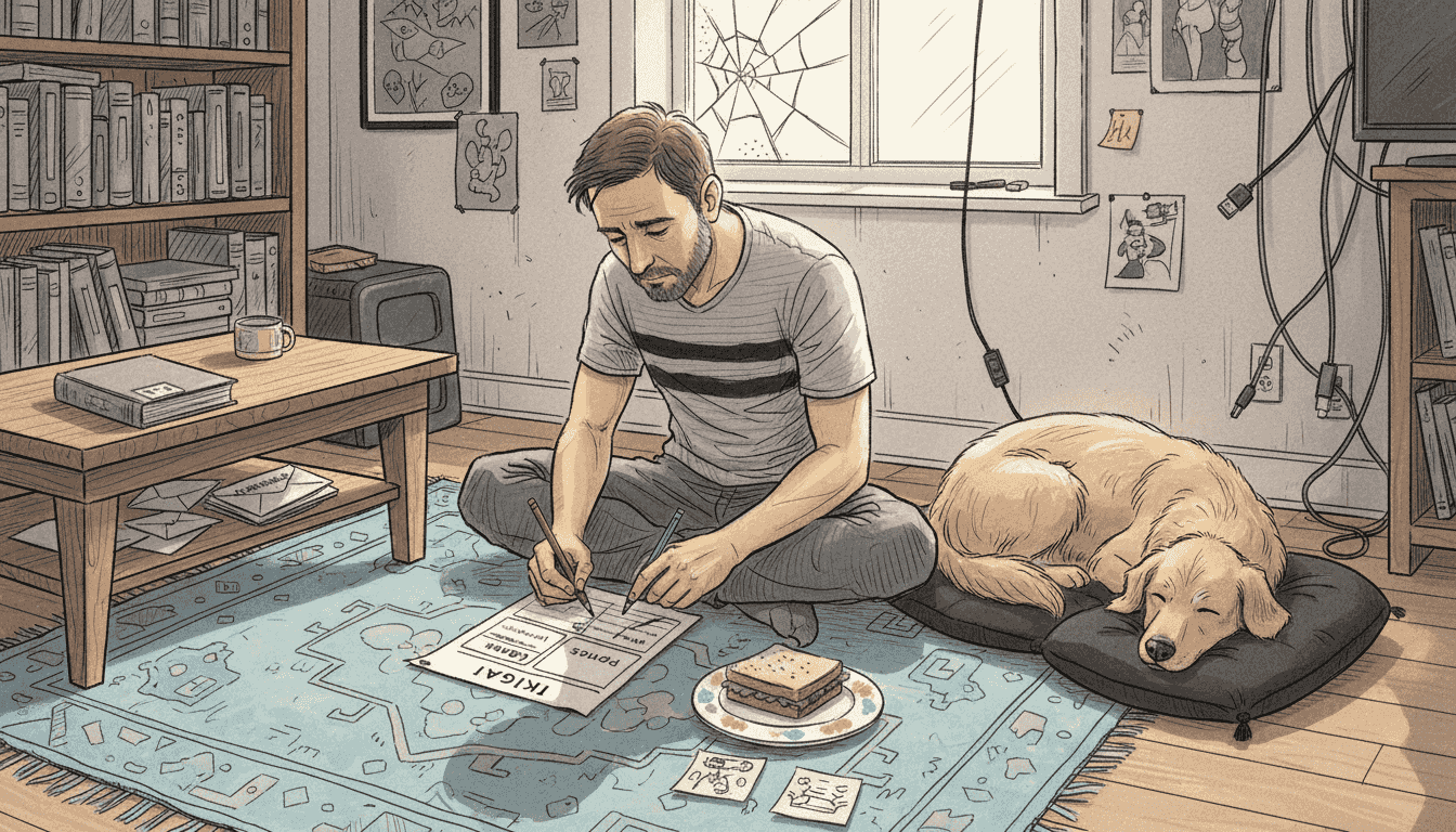 Man completing handwritten Ikigai worksheet at home