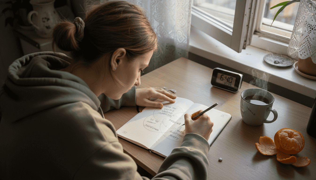 Женщина рисует в своем дневнике диаграмму икигай, размышляя о смысле жизни и своих целях.