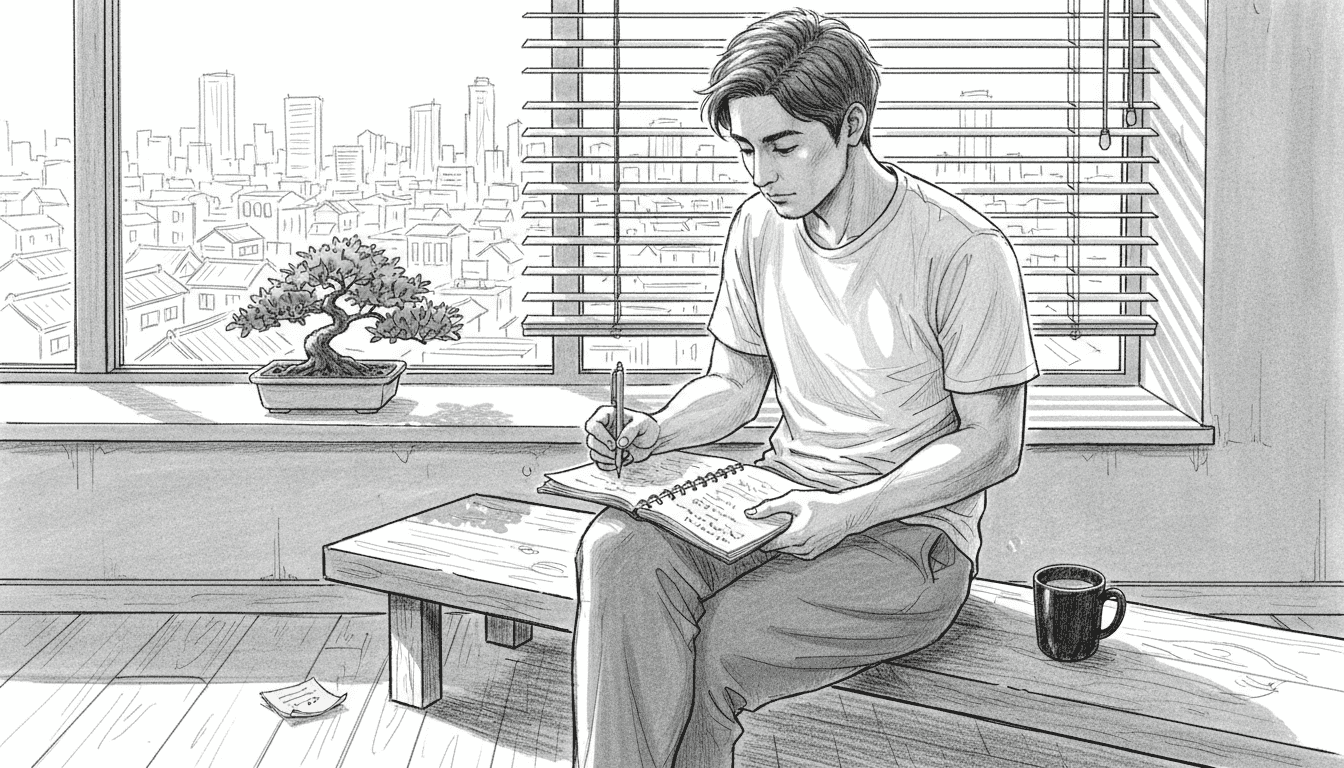Man journaling career purpose Tokyo apartment morning