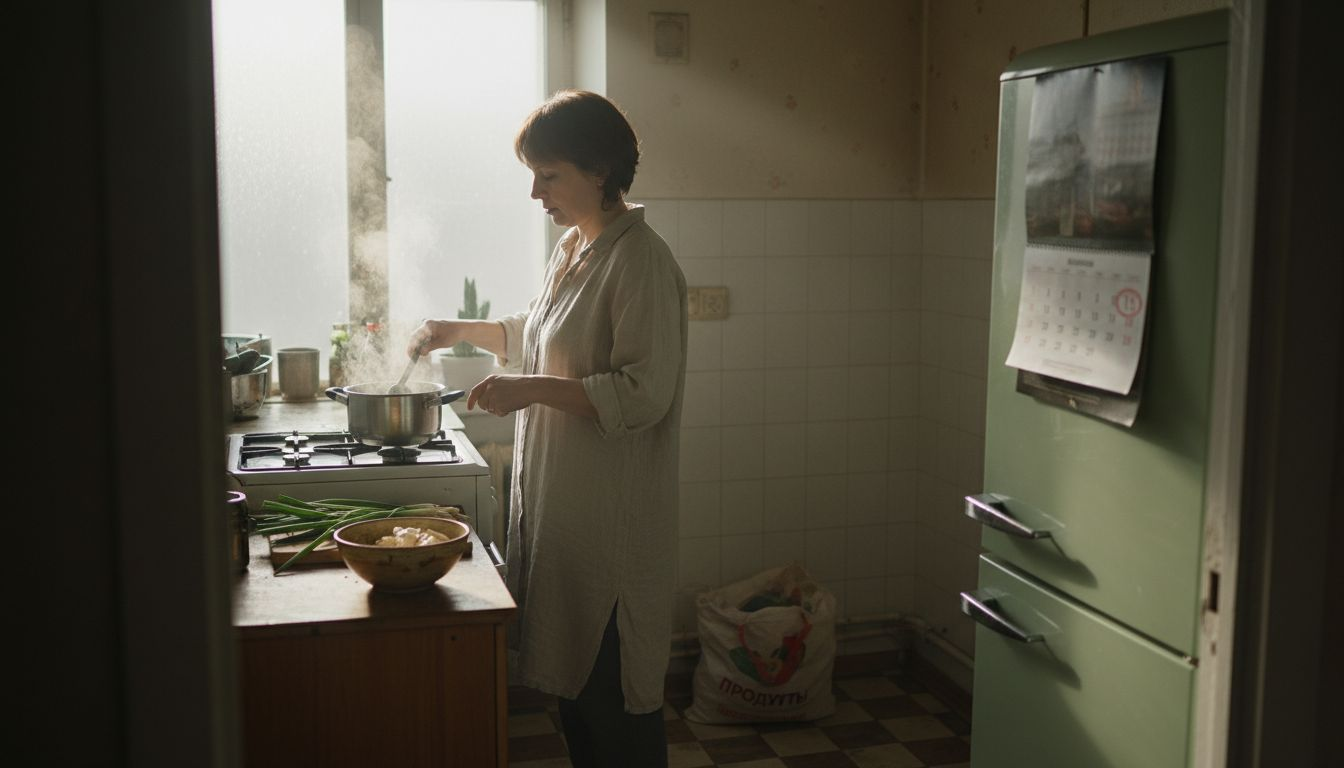 Женщина готовит обед на уютной кухне, залитой солнечным светом.