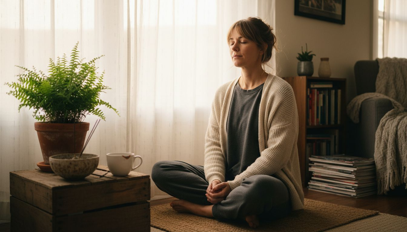 Женщина устроилась в уютном уголке своей квартиры и погрузилась в медитацию.