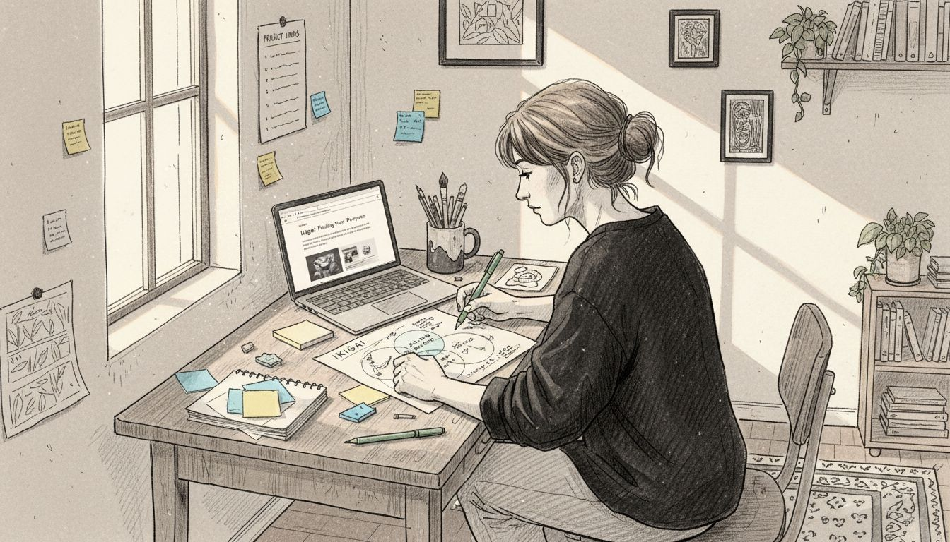 Woman annotating Ikigai diagram at desk