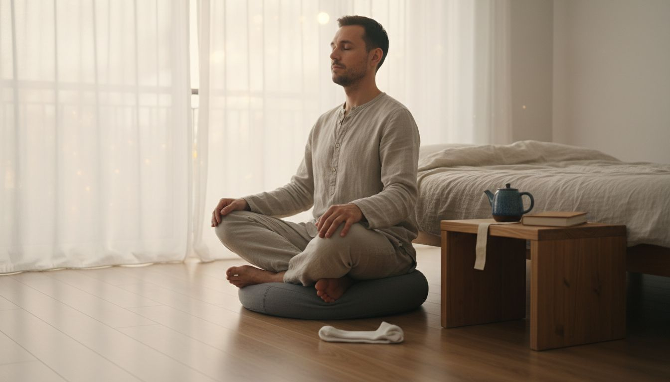 Утром мужчина занимается медитацией в светлой, уютной комнате.