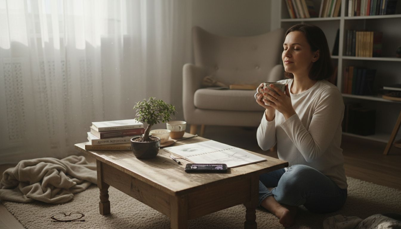 Женщина задумчиво сидит в гостиной, держа в руках кружку горячего напитка.