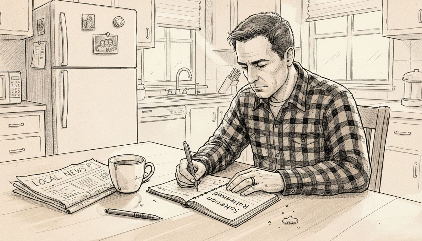 Man journaling self-discovery at cluttered kitchen table