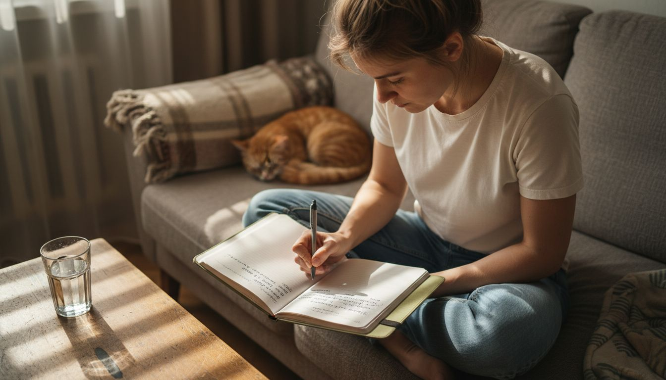 Женщина сидит у окна, в лучах солнца, и записывает в дневник свои мысли о том, что движет её вперед.