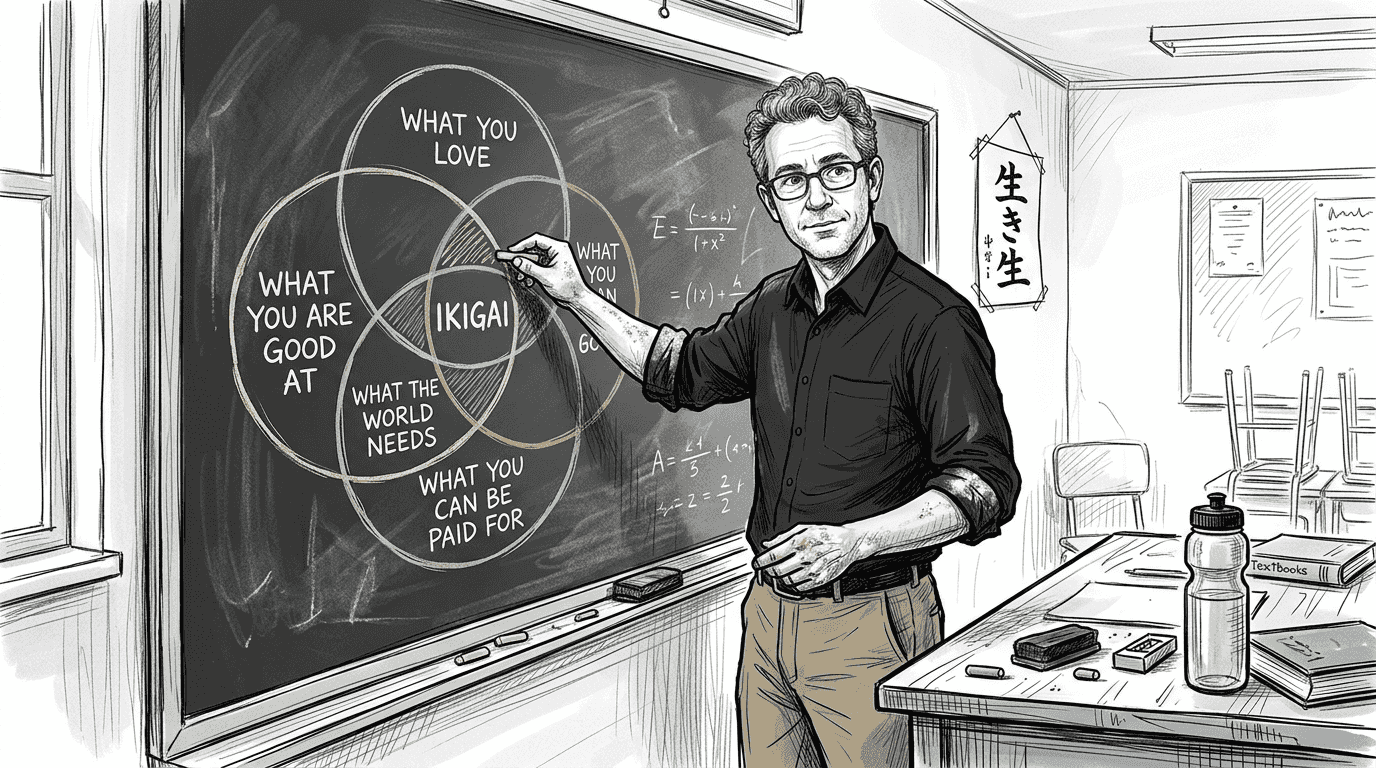 Teacher drawing ikigai elements on chalkboard