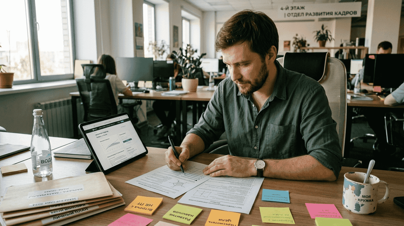 Мужчина изучает результаты теста на профессиональные склонности по методике RIASEC.