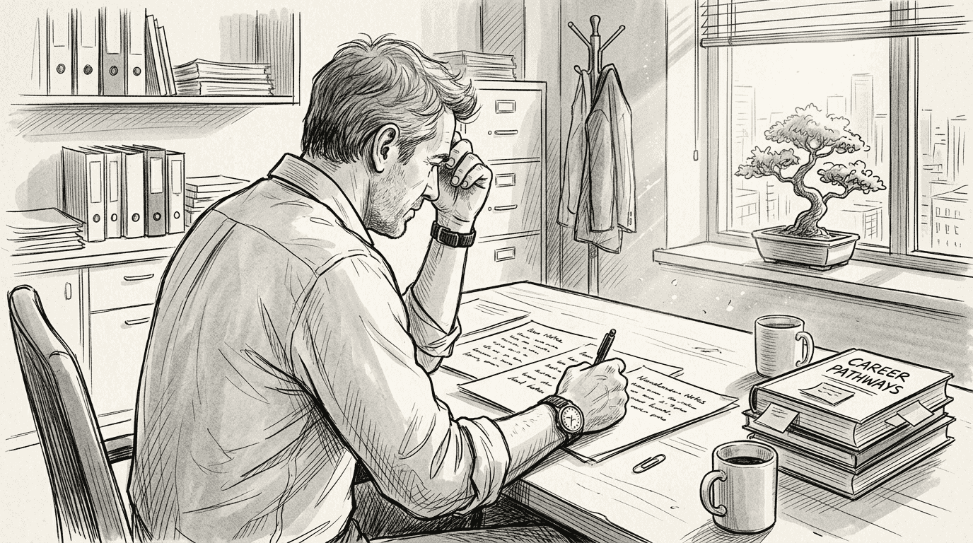 Man reflecting on career at neat desk