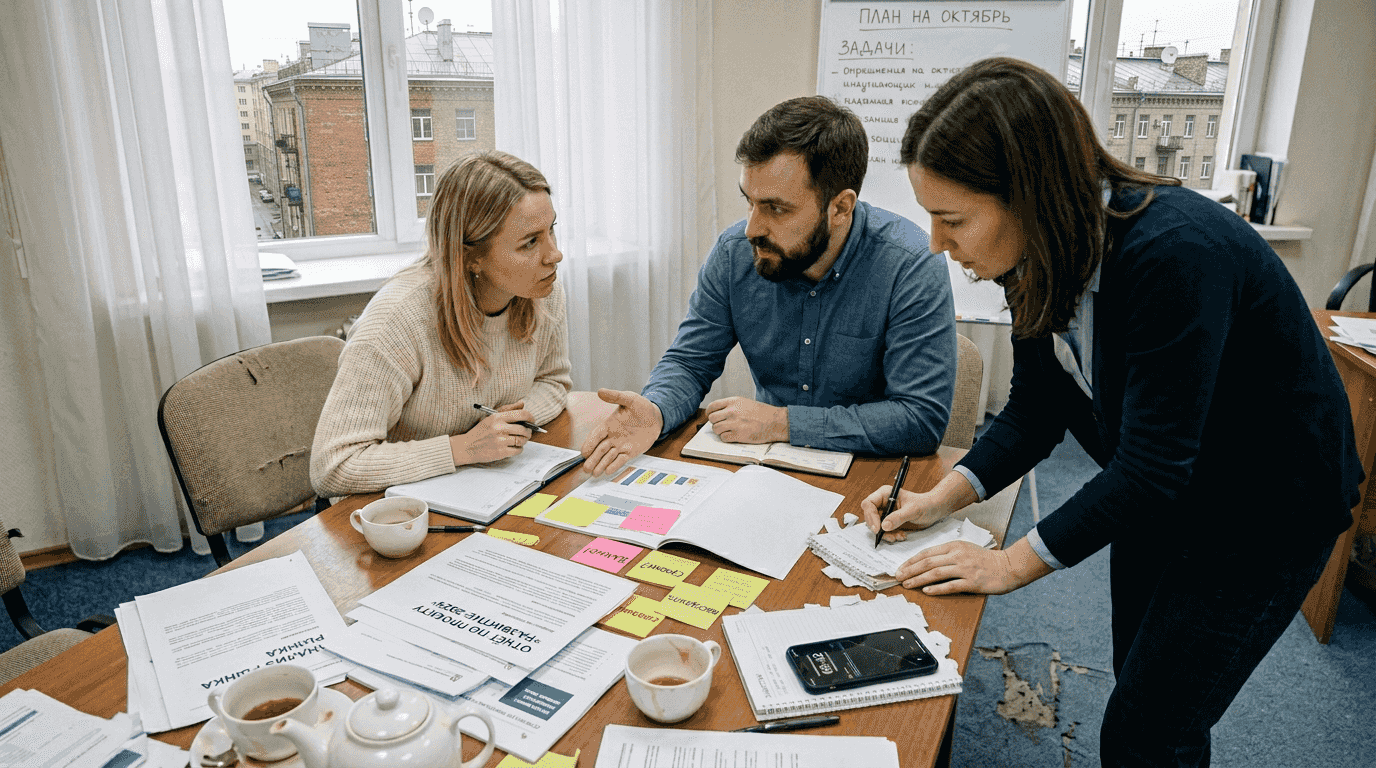 Коллеги обсуждают рабочие вопросы за захламлённым столом, усыпанным бумагами и кружками.