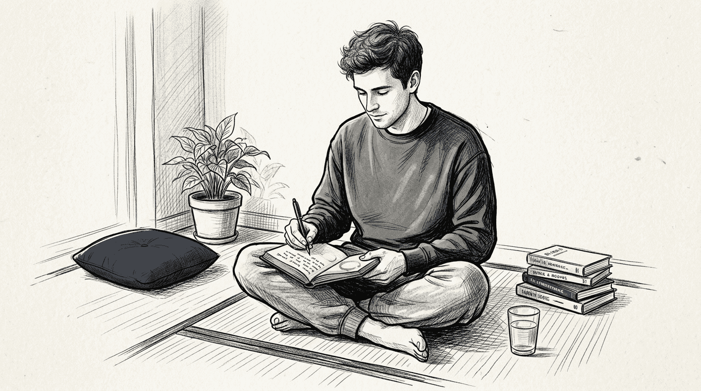 Man journals in quiet mindfulness space