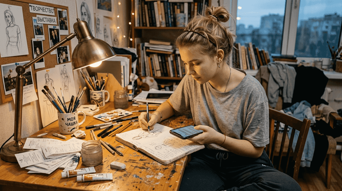 Женщина рисует за письменным столом в своей комнате, где на рабочем месте царит творческий беспорядок.