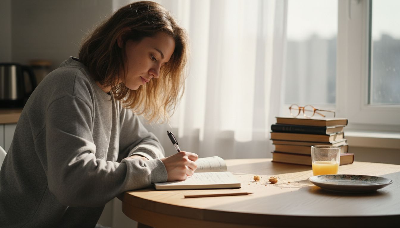 Утром женщина записывает свои мысли в личный дневник.