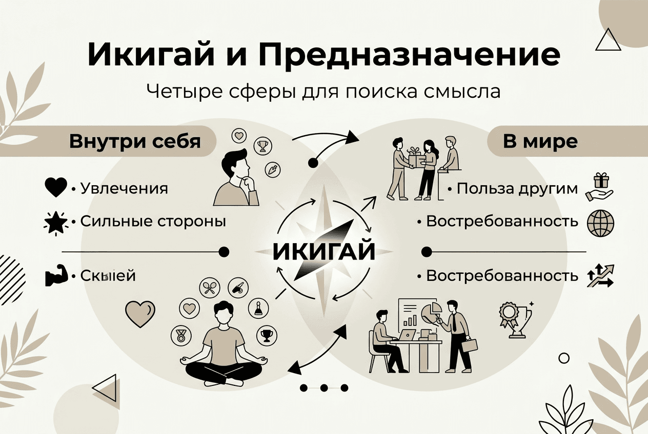 Инфографика, показывающая, как пересекаются основные составляющие икигай