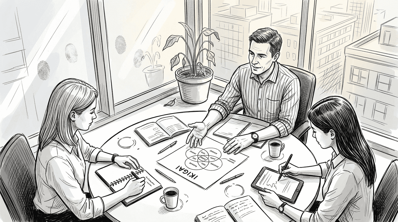 Team reviewing Ikigai diagram in office