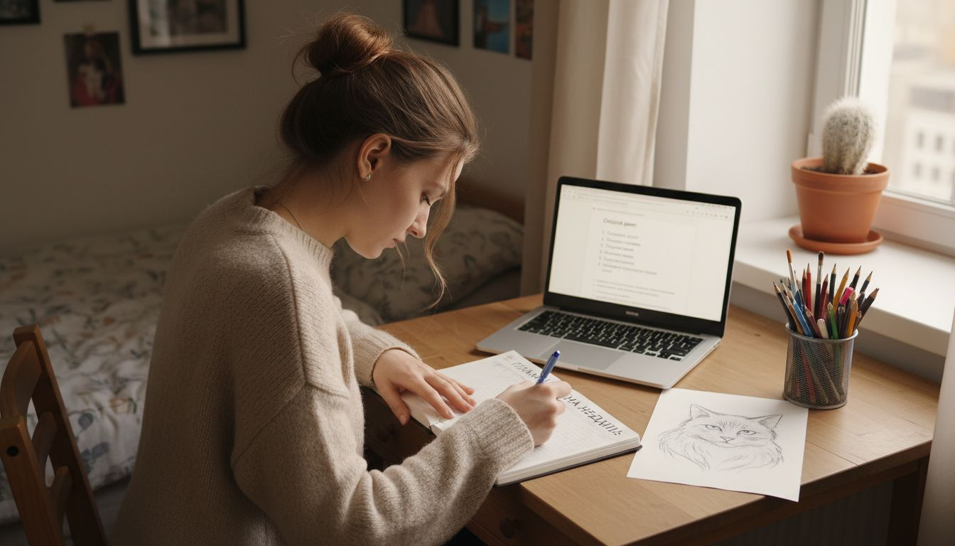 Женщина сидит за столом дома и что-то пишет