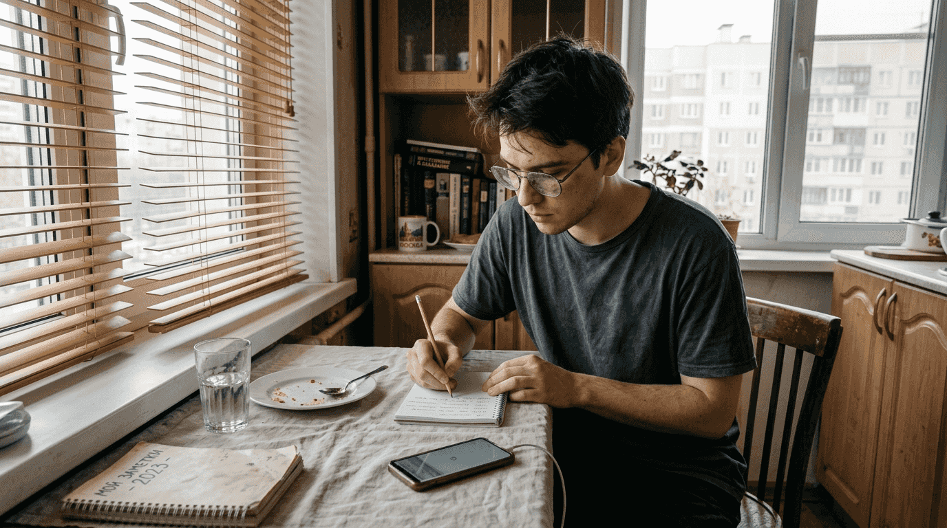 Мужчина ведёт дневник, куда записывает свои занятия и события дня.