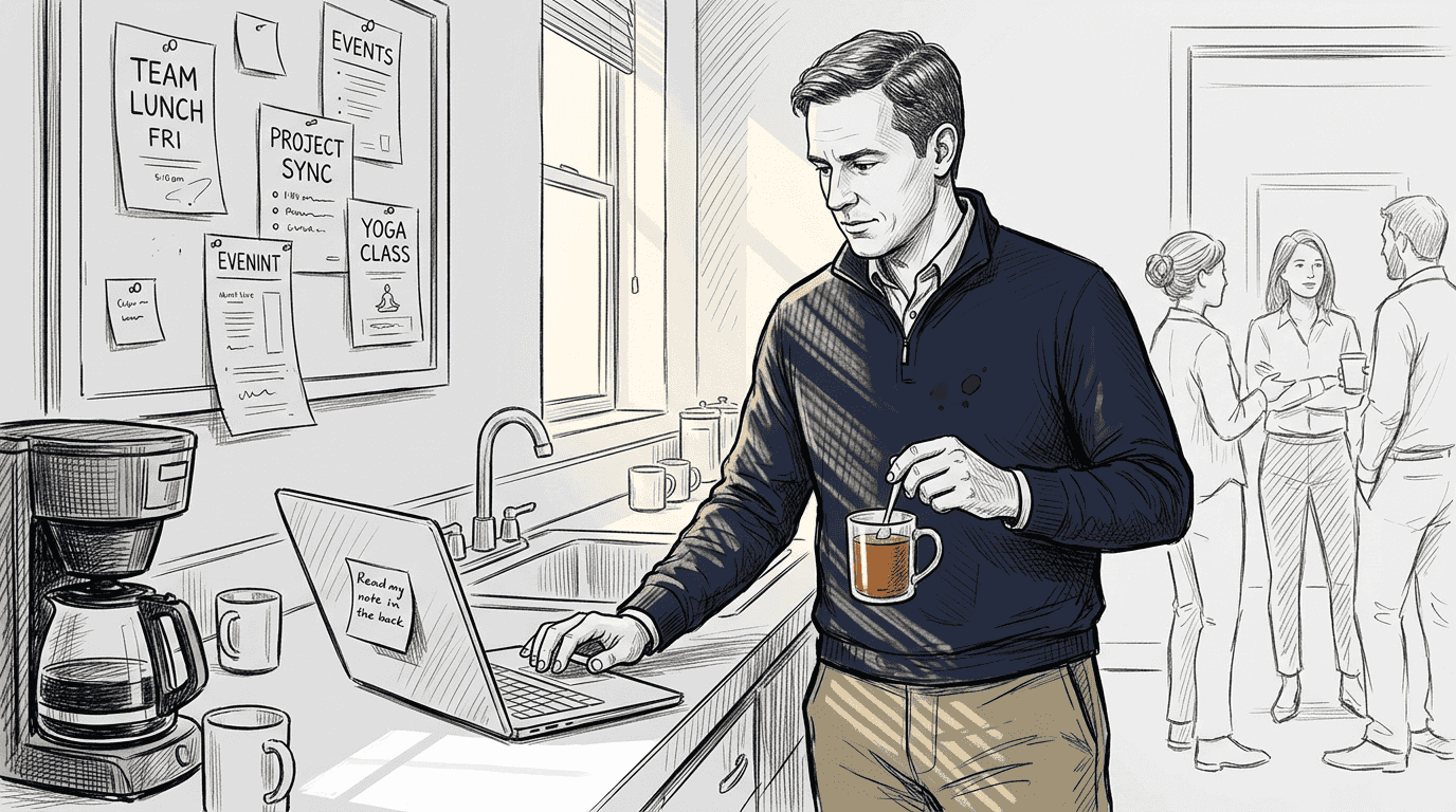 Man at office kitchenette with sticky notes and laptop