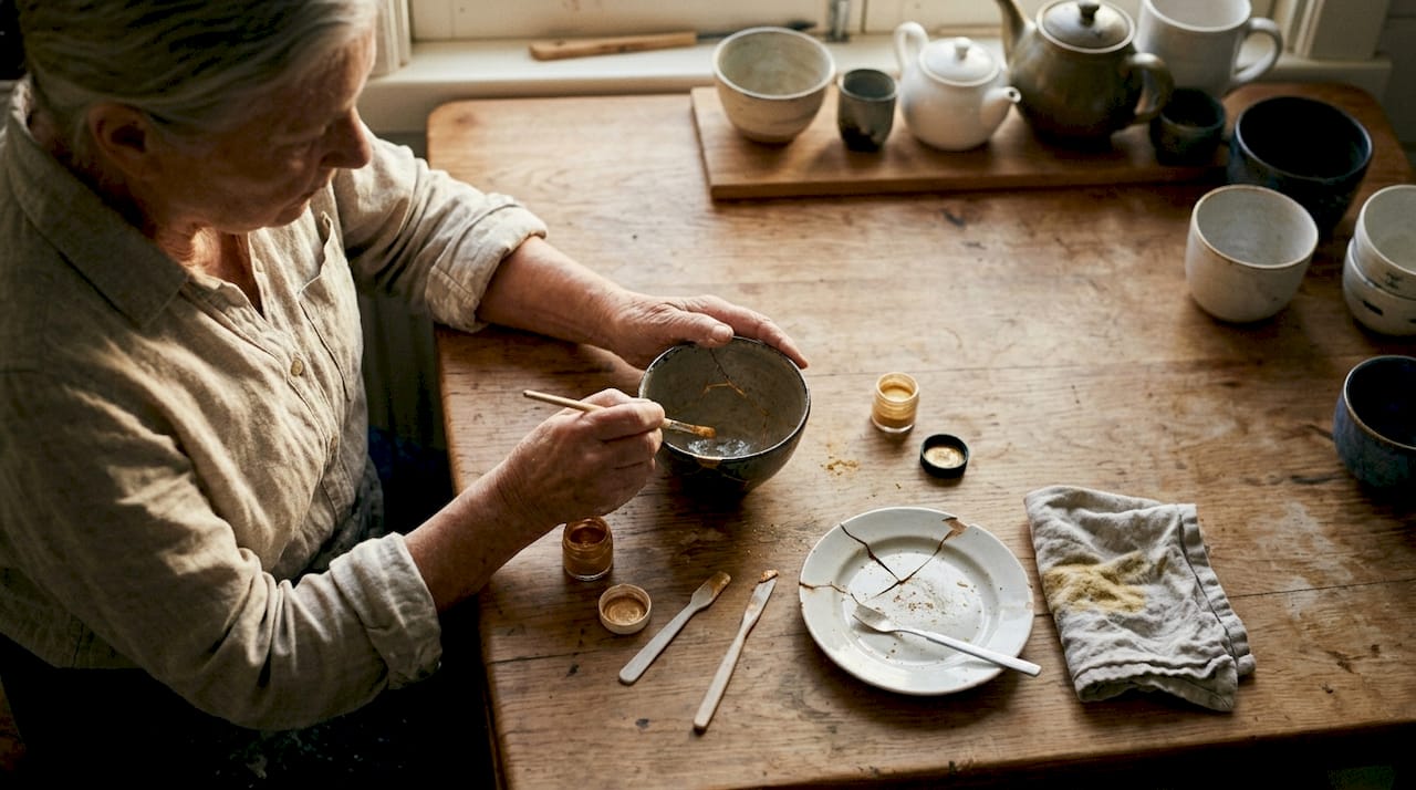 Женщина в своей кухне аккуратно восстанавливает керамическую чашу, заполняя трещины золотой краской.