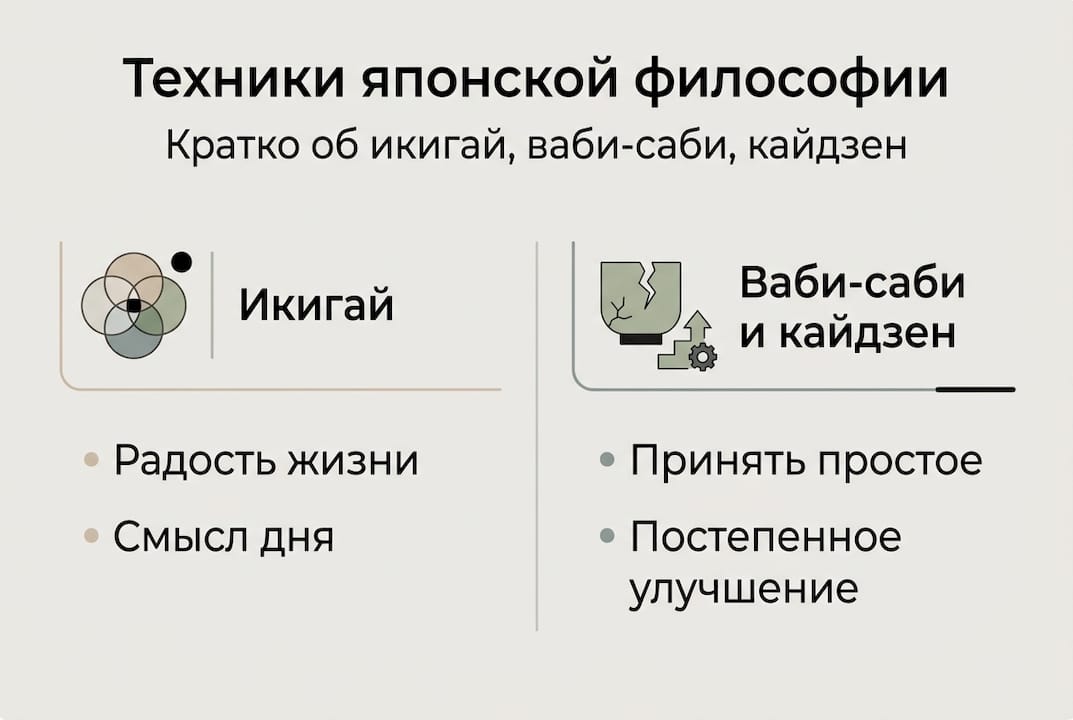 Инфографика, посвящённая трём японским жизненным концепциям: икигай, ваби-саби и кайдзен