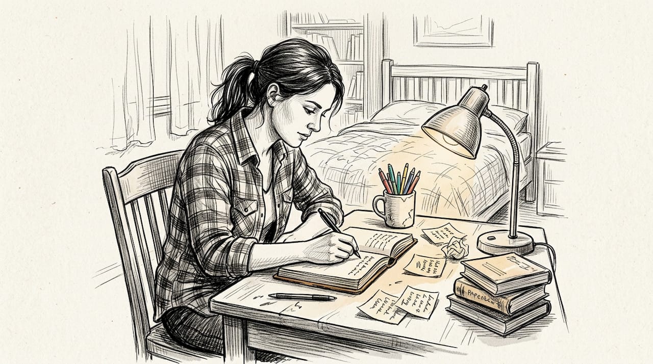 Woman journaling at cluttered writing desk