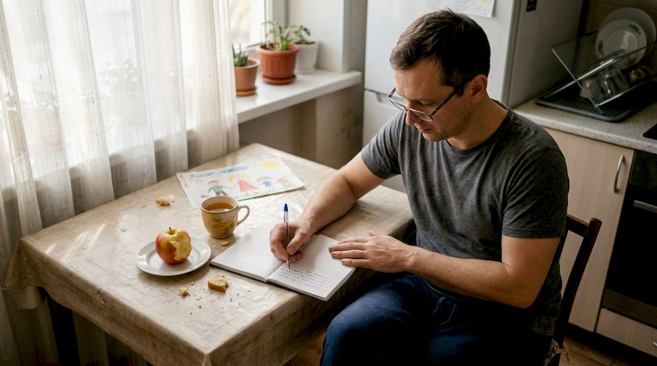 Мужчина сидит за кухонным столом, пишет что-то в блокноте, наслаждаясь солнечным светом.