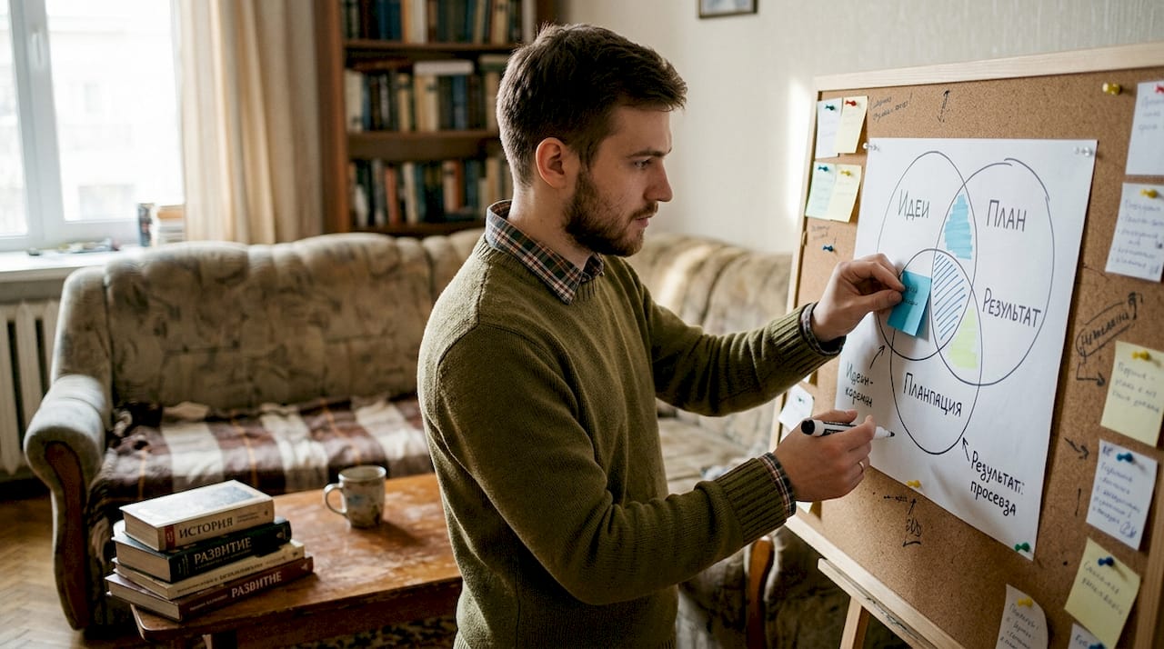 Мужчина рисует обновлённую схему икогай на доске