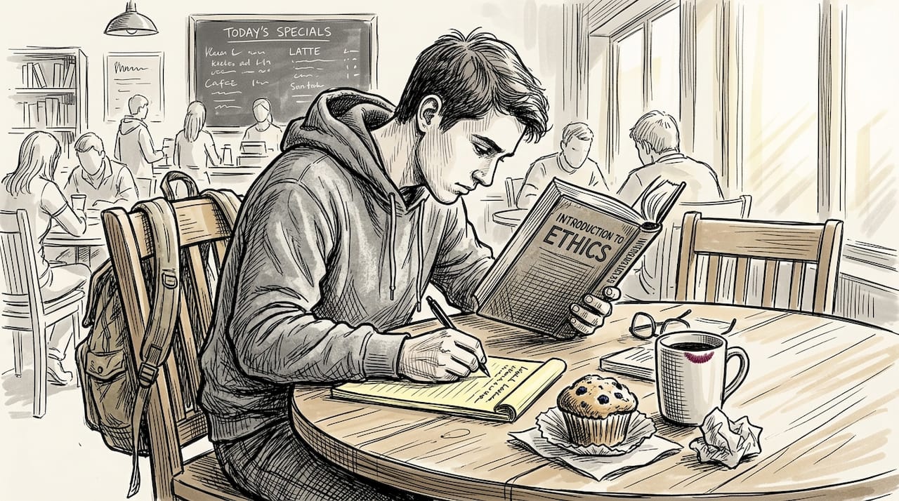 Student reading ethics book in campus café