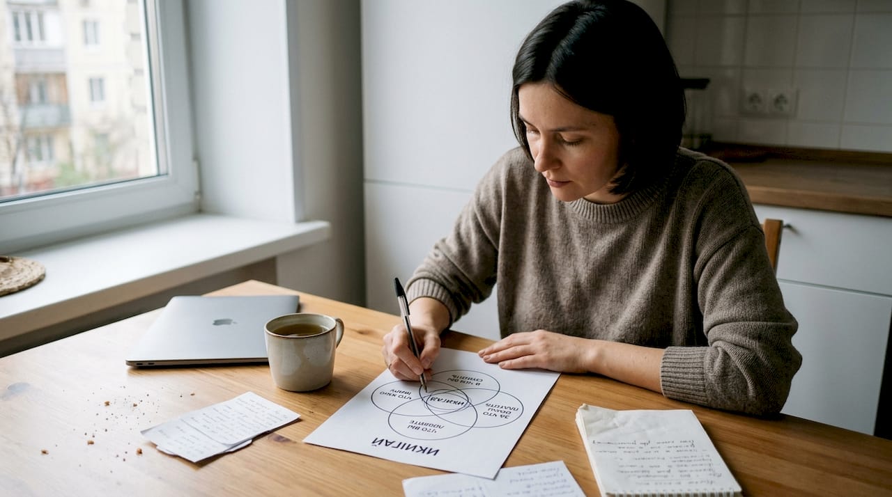 Женщина внимательно изучает схему икигай у себя дома.