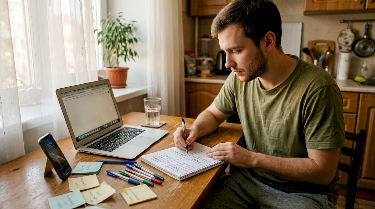 Мужчина сидит за кухонным столом и набрасывает SWOT-анализ на листе бумаги.