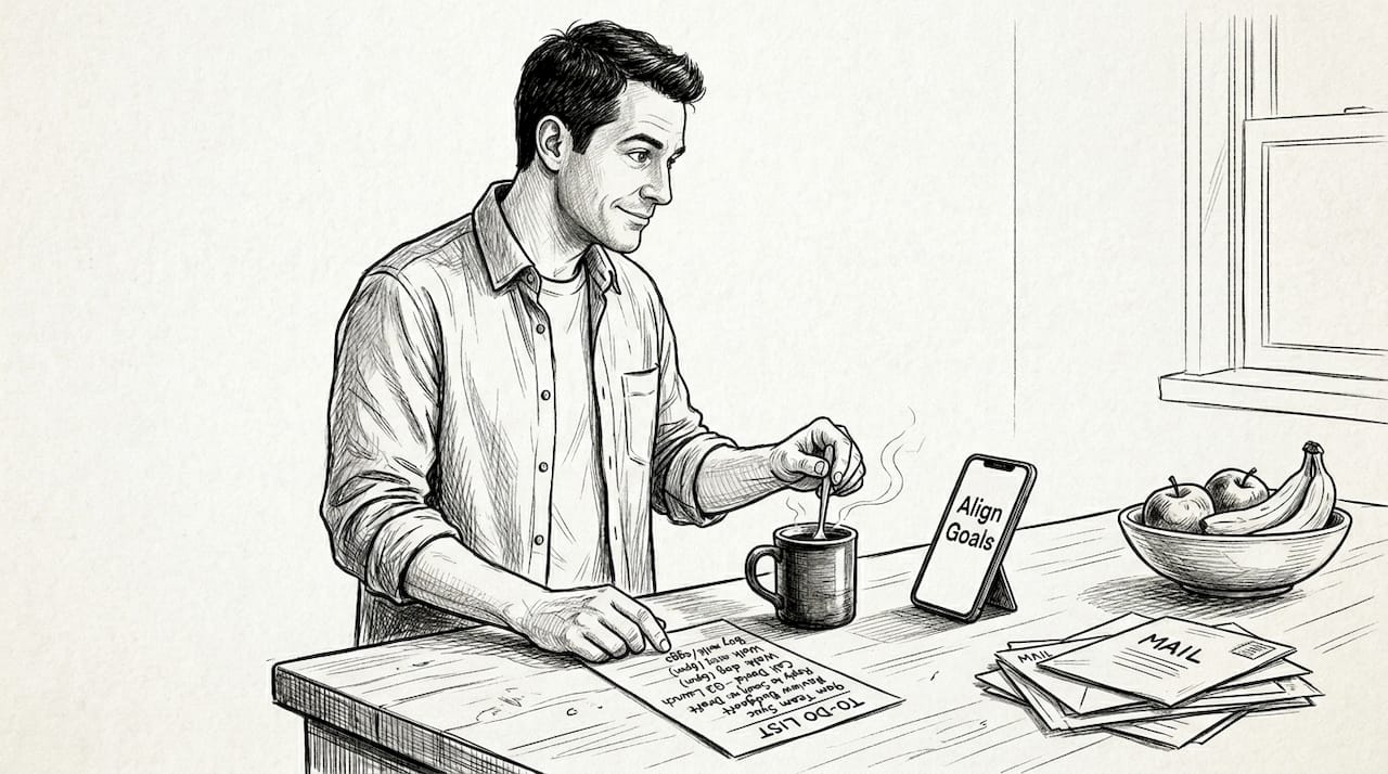 Man connecting tasks to career goals at home