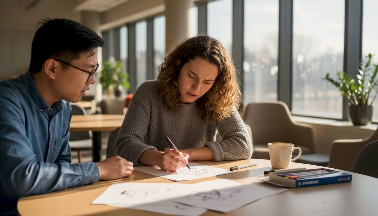 Два коллеги обсуждают рисунки из проективного теста