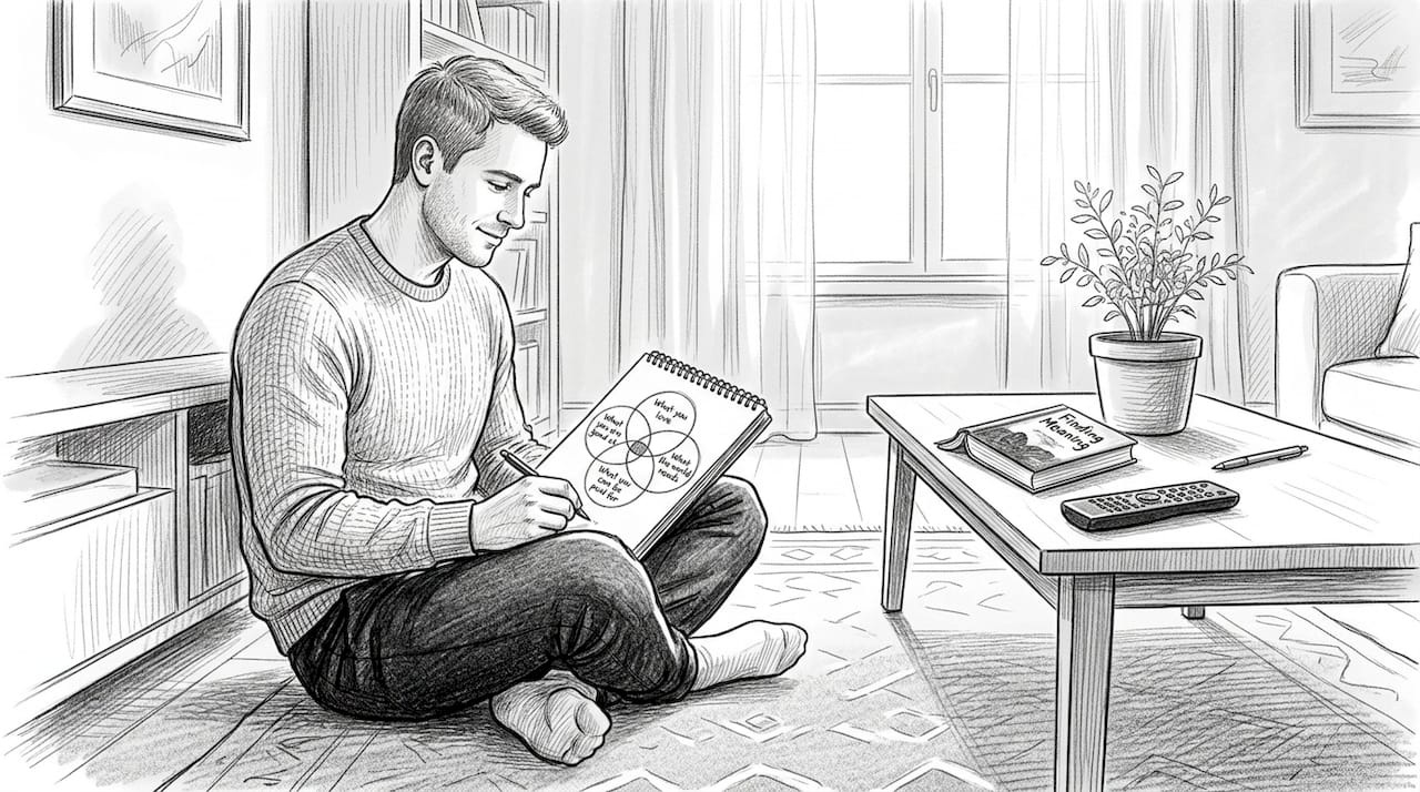 Man sketching ikigai circles in notebook