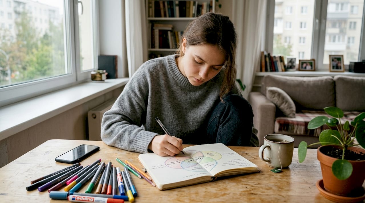 Женщина сидит за столом и рисует схему икигай, аккуратно прорисовывая все детали.