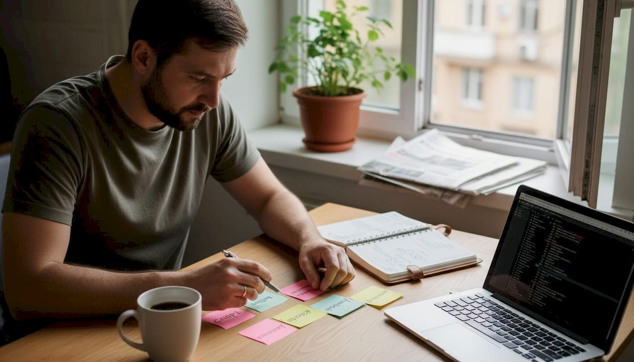 Мужчина сидит за кухонным столом и что-то записывает в блокнот