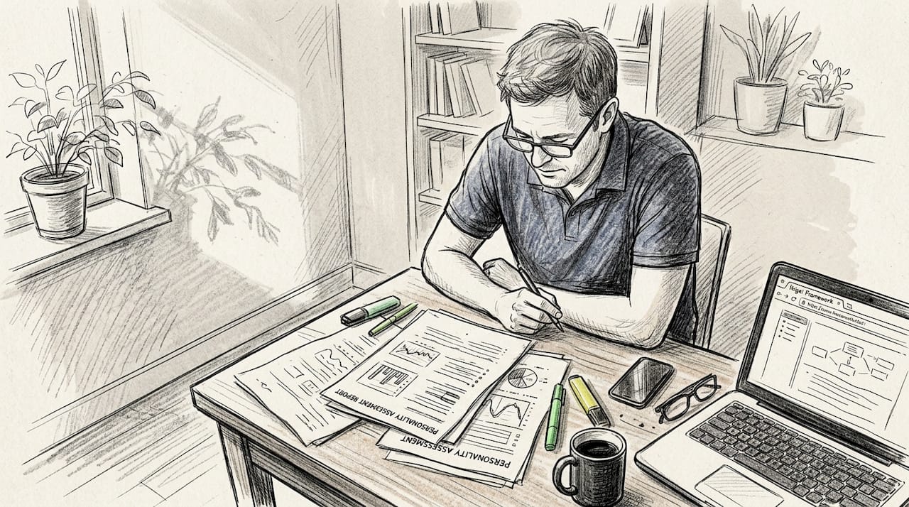 Man studying values assessment at dining table